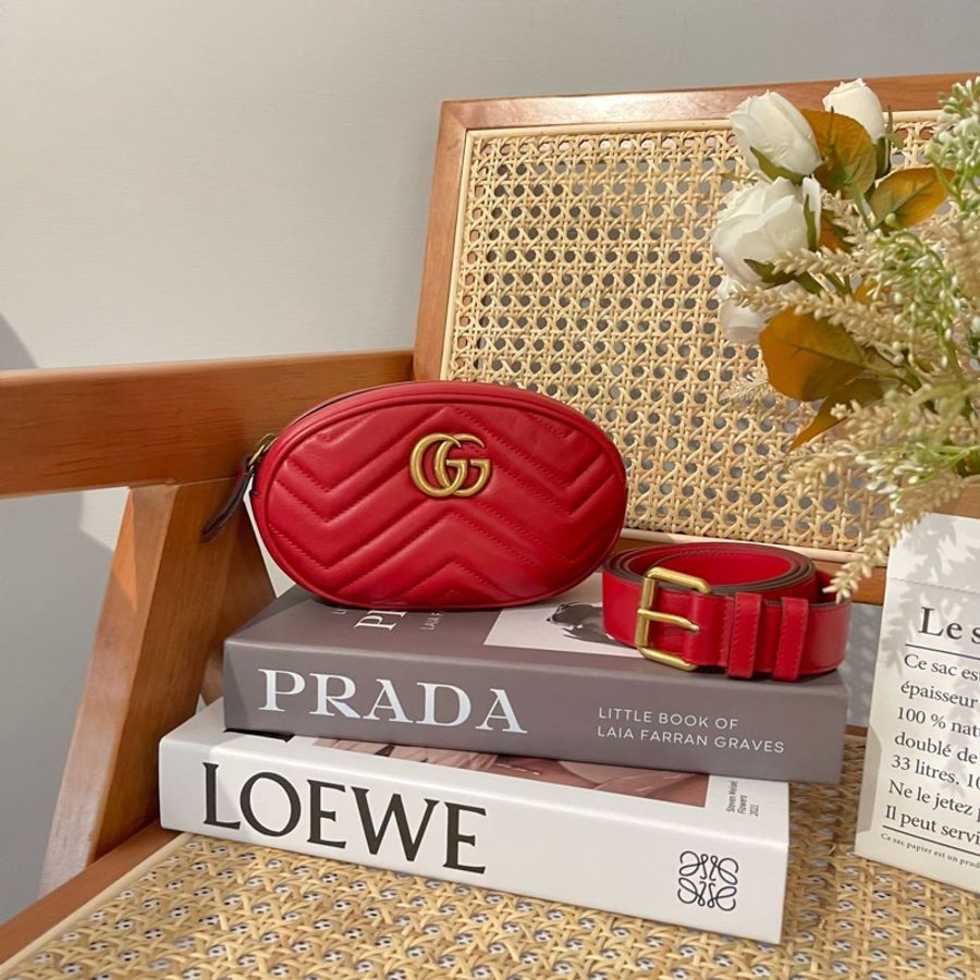 GUCCI 476434 GG Marmont 紅色 牛皮 復古金 GG logo 腰包-0