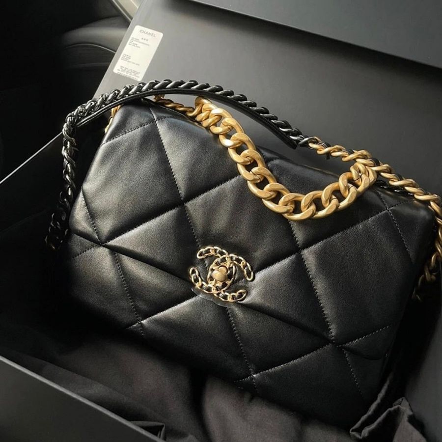 CHANEL 19系列 黑色 羊皮 金釦 雙色鍊 30cm 手提 斜挎 中型 口蓋包 AS1161-0