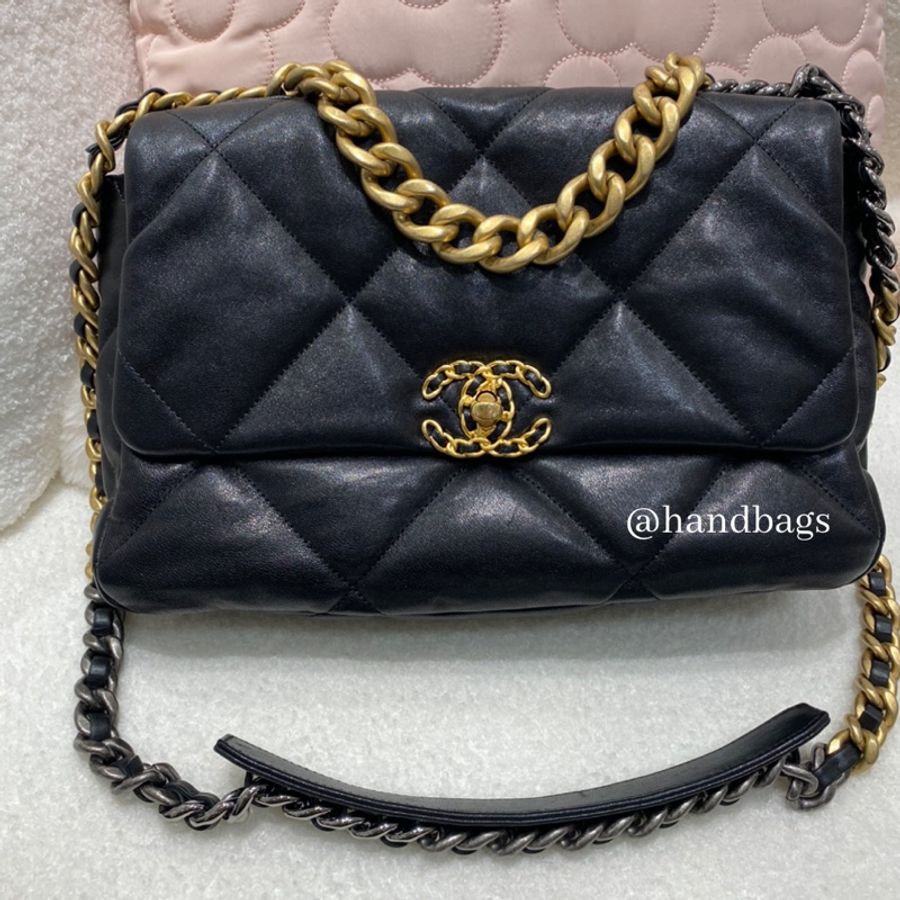 CHANEL 19系列 黑色 羊皮 金釦 雙色鍊 30cm 手提 斜挎 中型 口蓋包 AS1161-1
