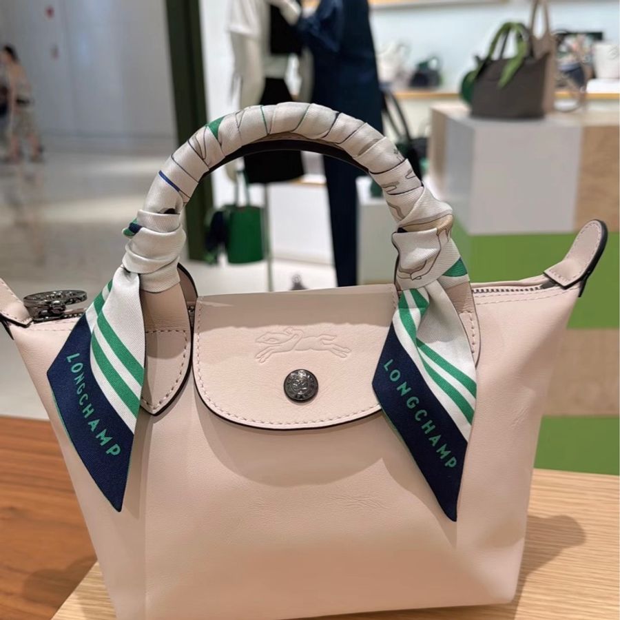 LONGCHAMP LE MINI PLIAGE CUIR系列小羊皮短把兩用水餃包(迷你/櫻花粉)-1