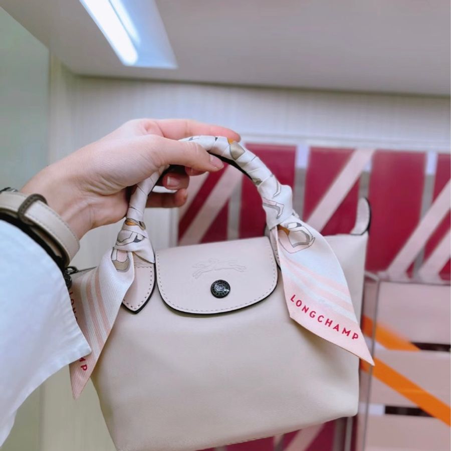 LONGCHAMP LE MINI PLIAGE CUIR系列小羊皮短把兩用水餃包(迷你/櫻花粉)-4