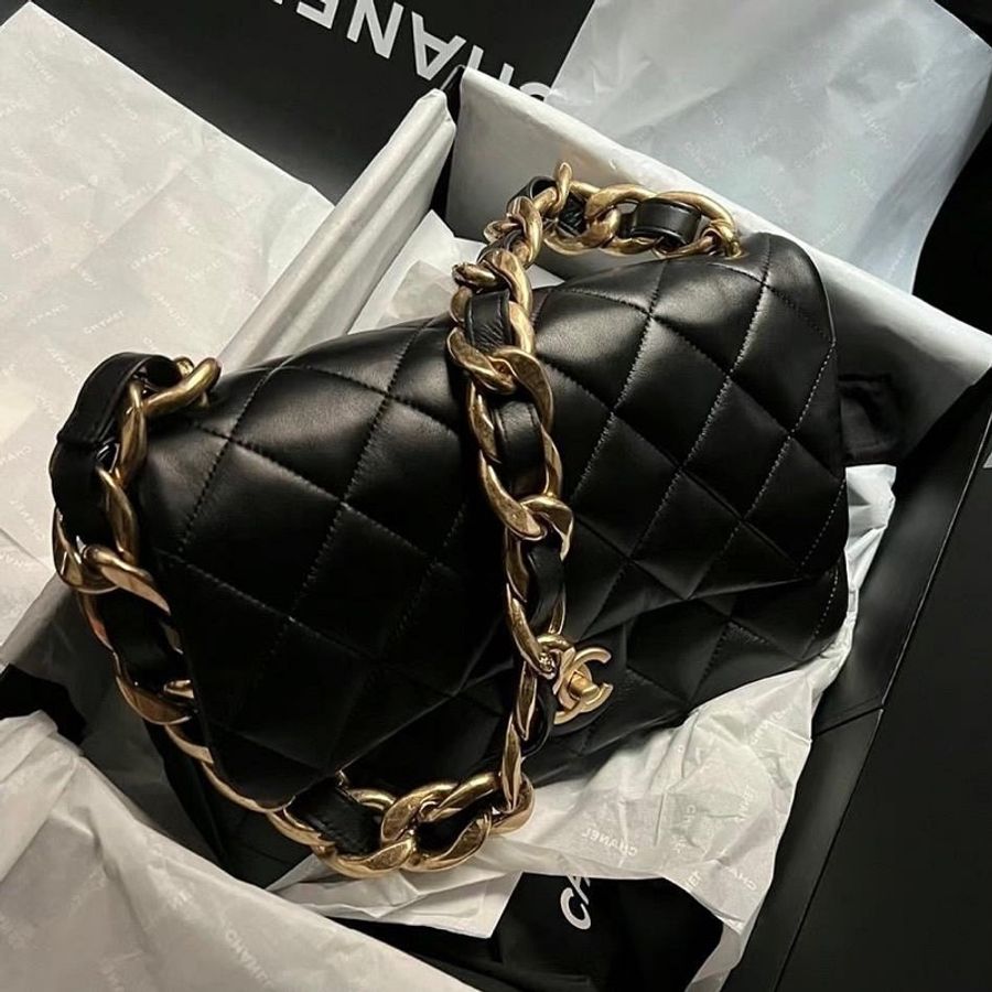 CHANEL 黑色 羊皮 粗鍊 金釦 單肩 腋下包 口蓋包 大號 AS3215-1