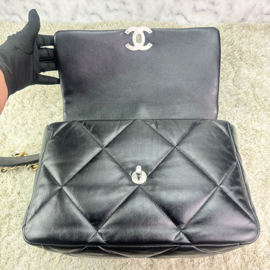 CHANEL 香奈兒 19系列 經典雙C LOGO菱格紋小羊皮三用銀鏈包 黑銀 中款 (30公分) ⭕️芯片款⭕️-25