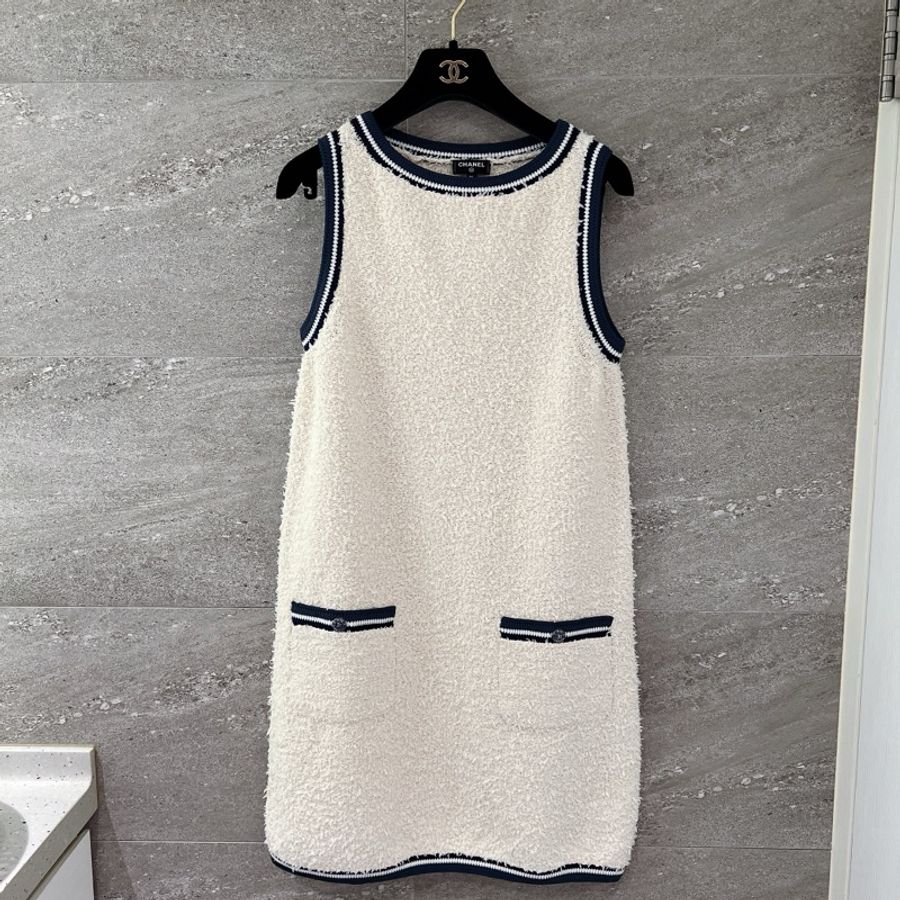 CHANEL 米白色藍邊 雙口袋無袖洋裝-0