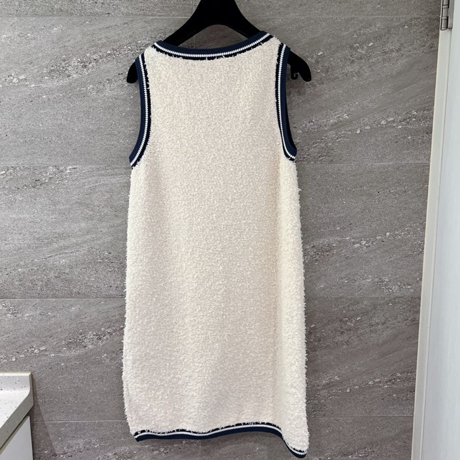 CHANEL 米白色藍邊 雙口袋無袖洋裝-1