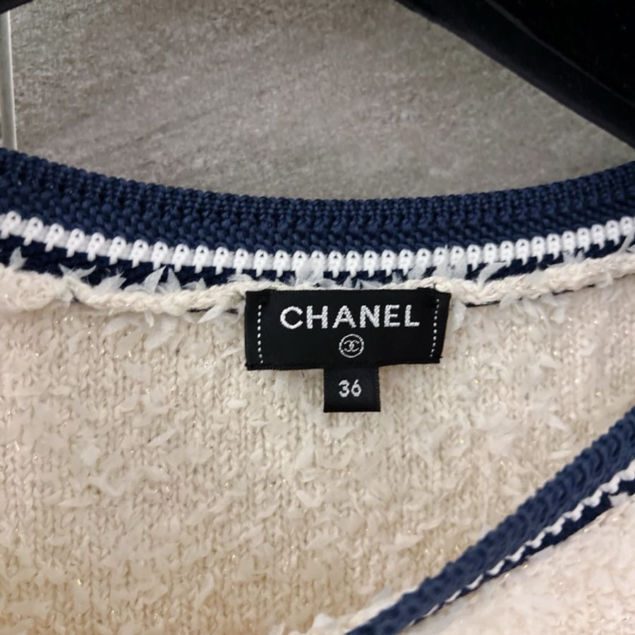 CHANEL 米白色藍邊 雙口袋無袖洋裝-2