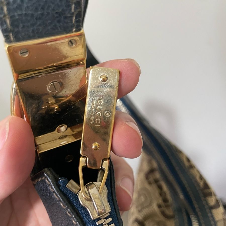 GUCCI 古馳 女用包包 GG Canvas 帆布 駝色 藍色皮革 二手-10