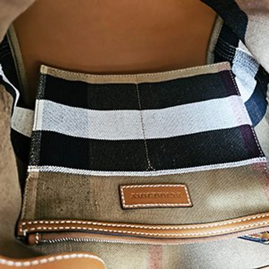已售出*BURBERRY 卡其色經典格紋棉麻兩用水桶包 3945742-6