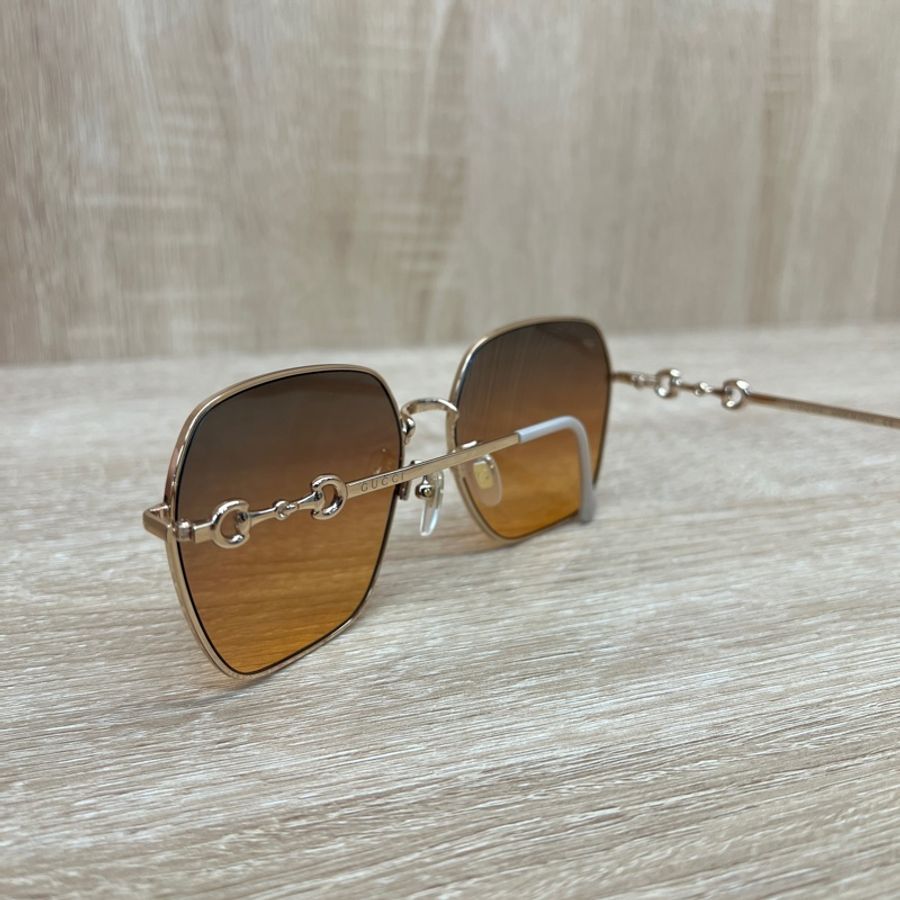 Gucci 金邊茶色漸層鏡面兩側馬銜Logo墨鏡-5