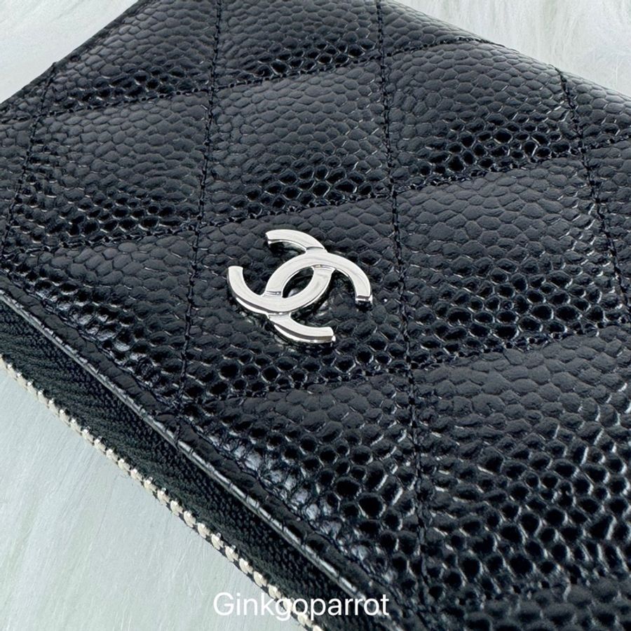 CHANEL 菱格紋荔枝牛皮拉鍊零錢包(黑銀)-21