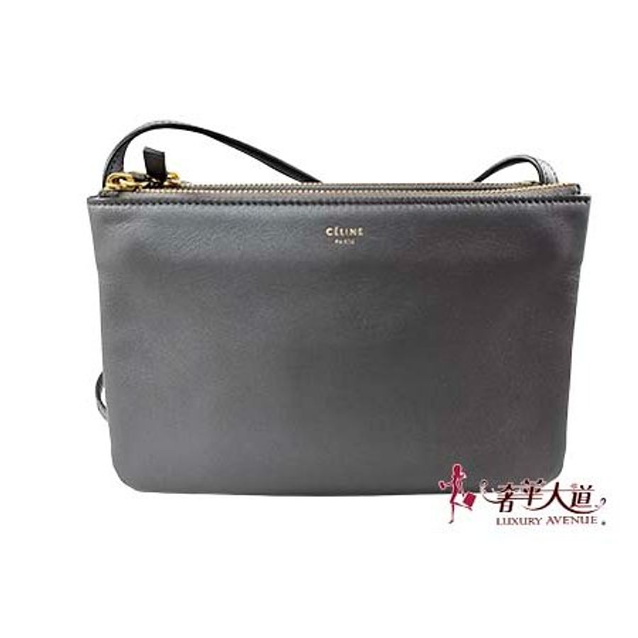 已售出* CELINE 灰色 小羊皮TRIO三層拉鍊斜背包-0