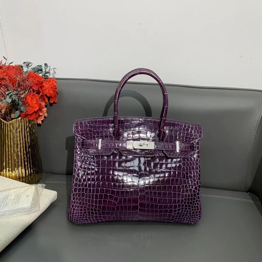 Hermes愛馬仕birkin30紫羅蘭亮面倒v鱷魚皮鑽扣手提包-0