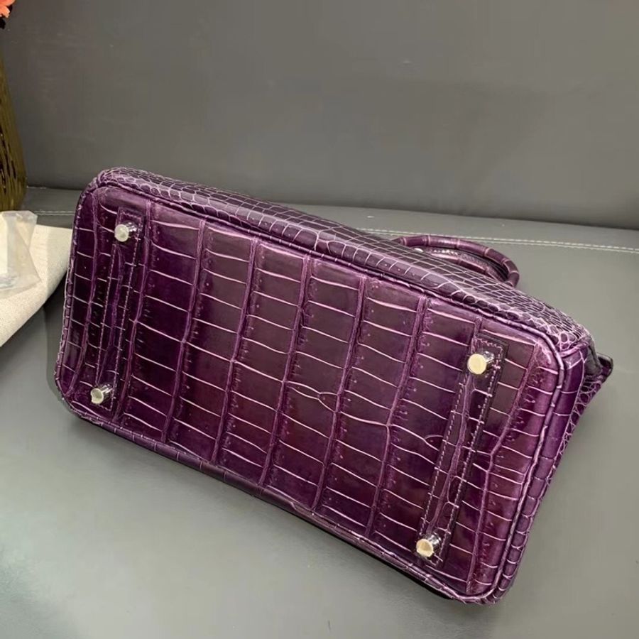 Hermes愛馬仕birkin30紫羅蘭亮面倒v鱷魚皮鑽扣手提包-6