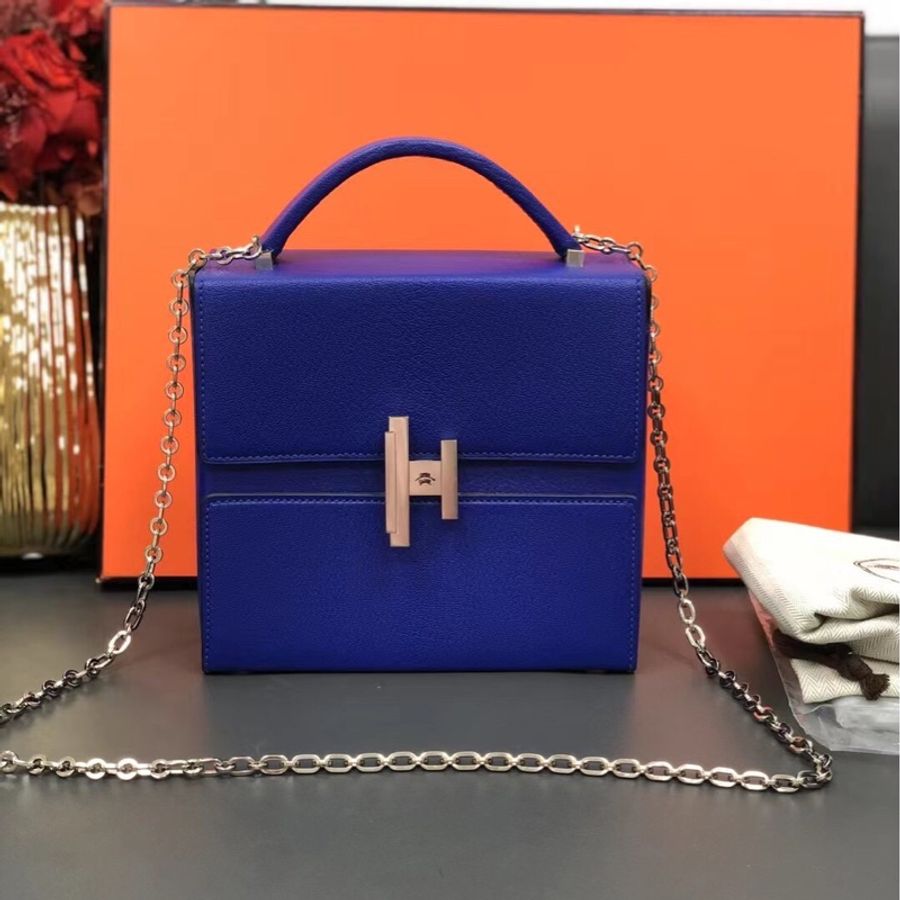愛馬仕Hermes cinhetic盒子包 手提包 電光藍A刻 山羊皮 銀鍊 色彩活潑 尺寸18*17cm-0