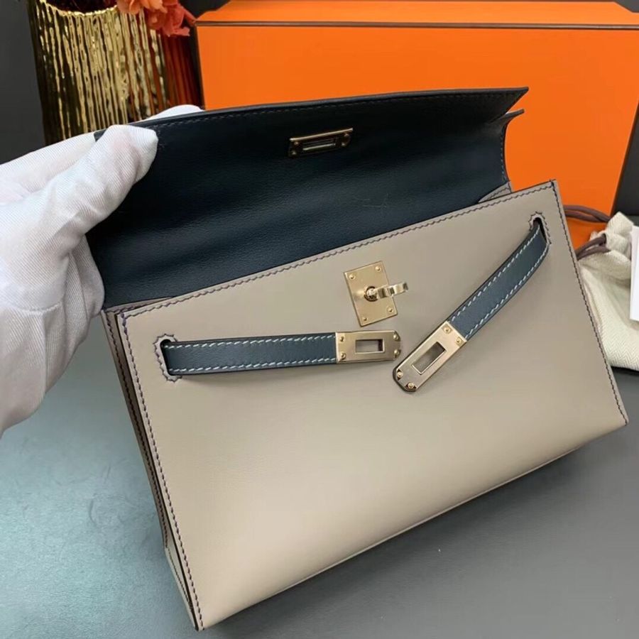 Hermes愛馬仕 mini Kelly一代 So M8星空灰拼V0盧梭綠 swift 反色走線 香檳金扣b刻-4