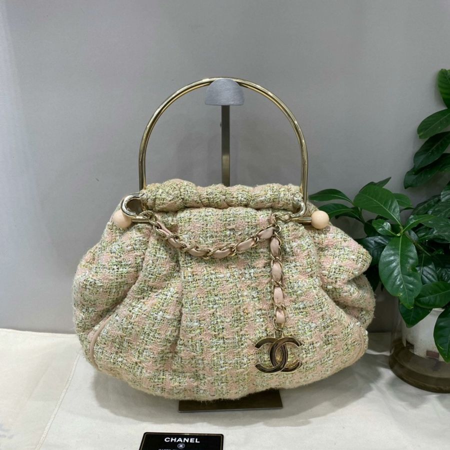 Chanel香奈兒中古粉色粗毛呢雲朵包手提包-0