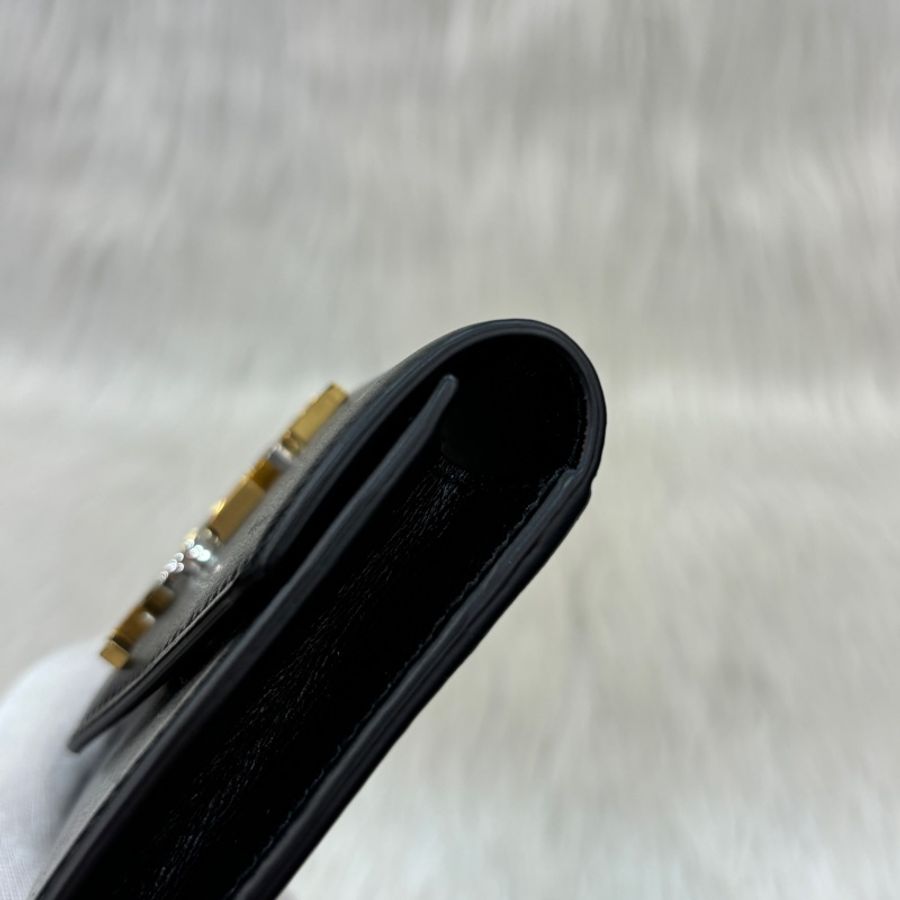 YSL 黑色滑面牛皮金銀雙色釦信封卡包-7
