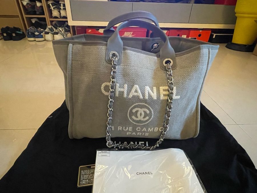 Chanel 灰色提把帆布沙灘包-0