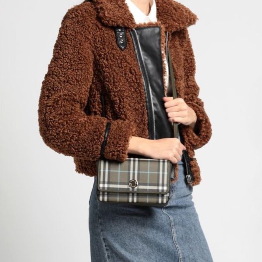 BURBERRY 巴寶莉 Hampshire壓印金色圓釦LOGO設計數碼格紋PVC拼小牛皮磁釦式斜背包(橄欖綠)-3