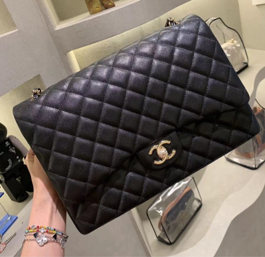 全新Chanel maxi jumbo荔枝皮黑金cf 芯片款-0
