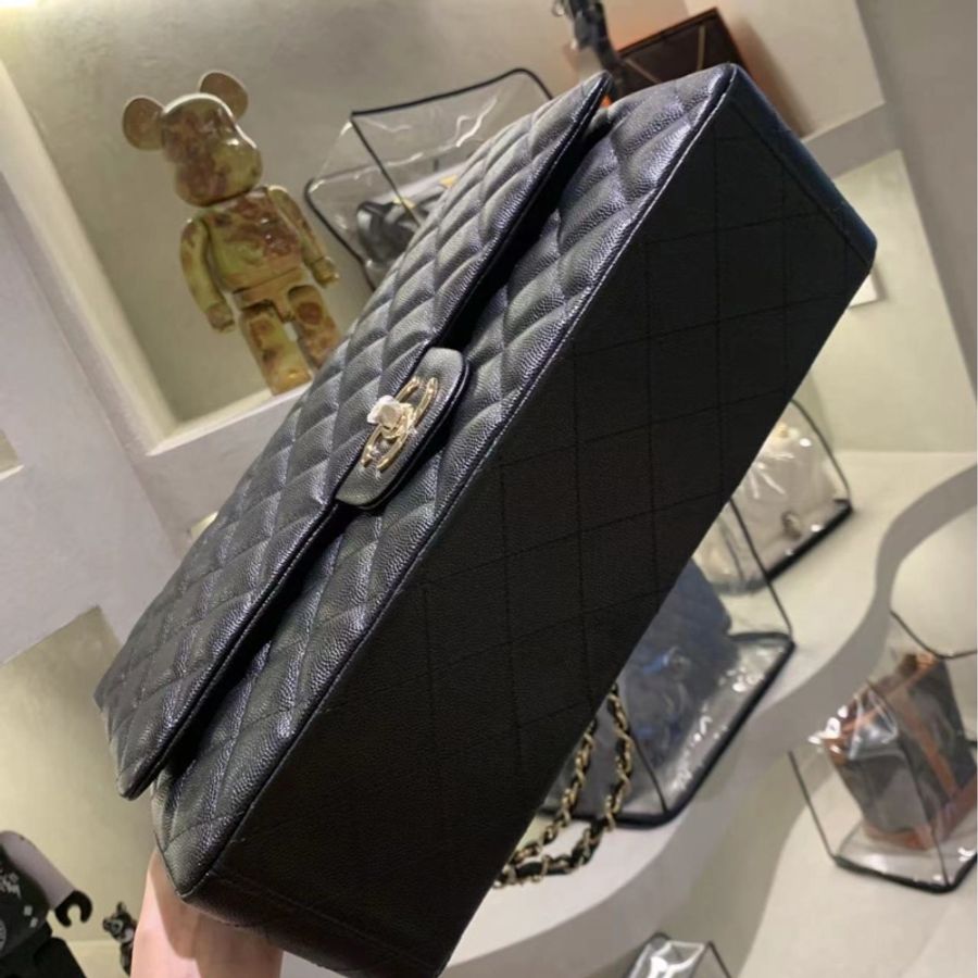 全新Chanel maxi jumbo荔枝皮黑金cf 芯片款-2