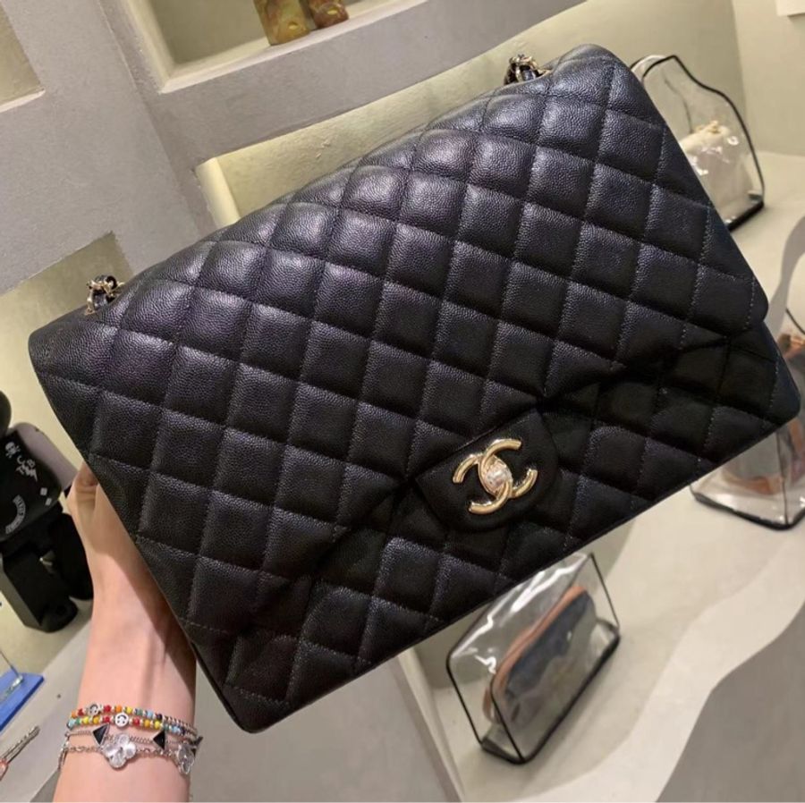 全新Chanel maxi jumbo荔枝皮黑金cf 芯片款-5
