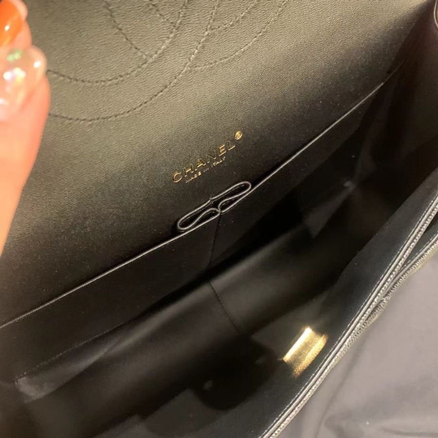 全新Chanel maxi jumbo荔枝皮黑金cf 芯片款-8