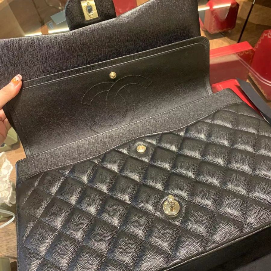 全新Chanel maxi jumbo荔枝皮黑金cf 芯片款-9