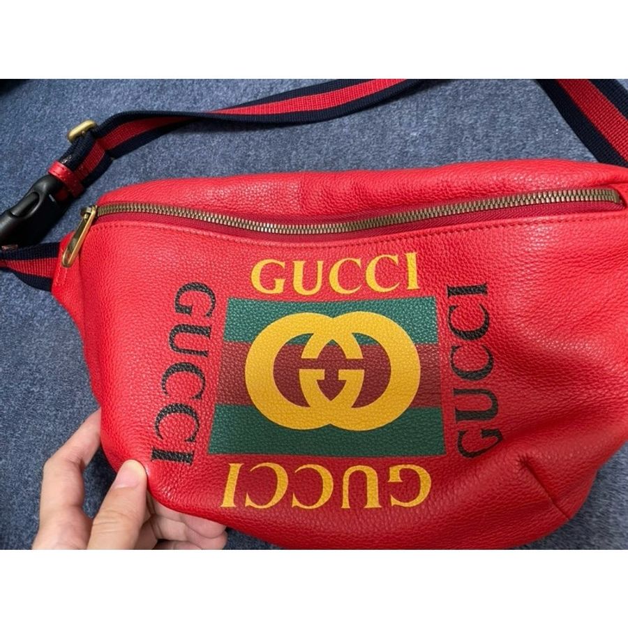 GUCCI 復古織帶牛皮胸腰包(紅色)-1