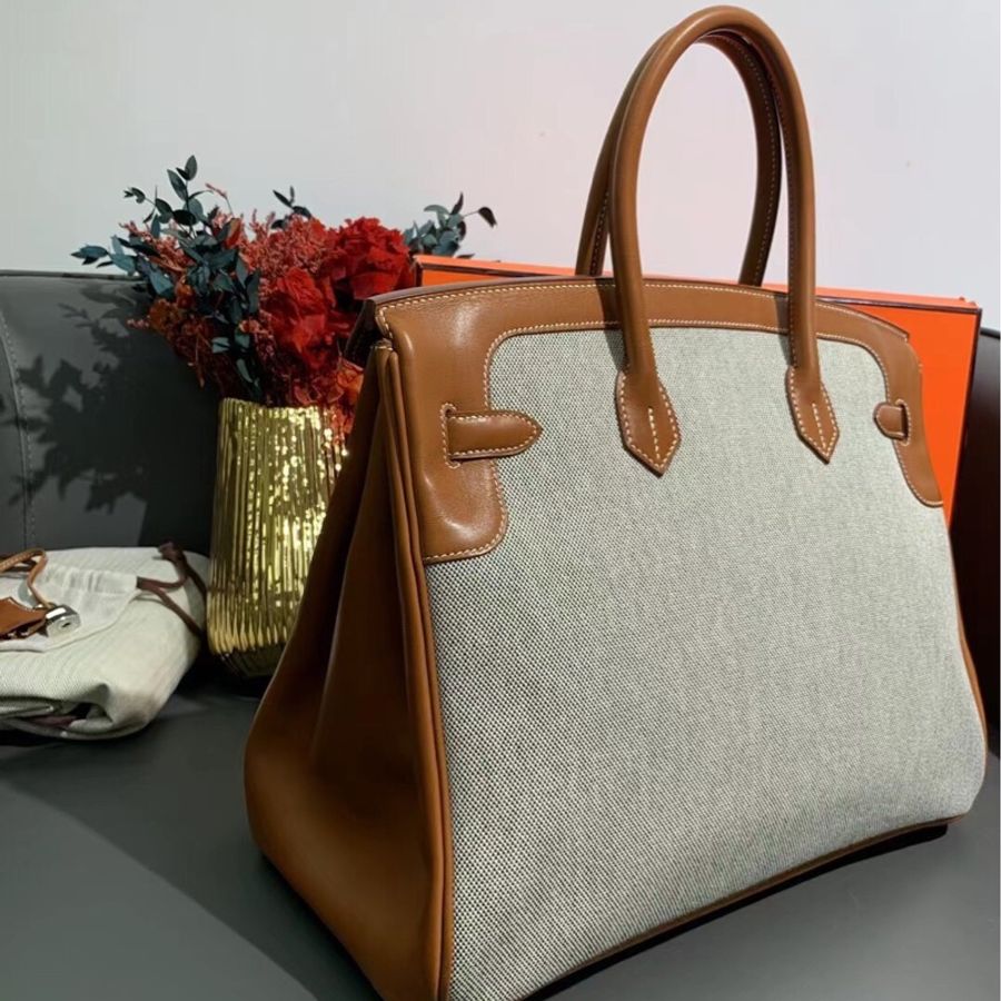 Hermes愛馬仕birkin35馬鞍皮帆布限量版手提包 淡金扣X刻-3