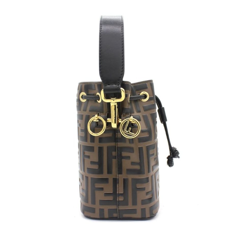 【FENDI 芬迪】Mon Tresor Mini 小牛皮 FF壓花 迷你 雙背帶 斜背包 肩背包 水桶包 棕色-3