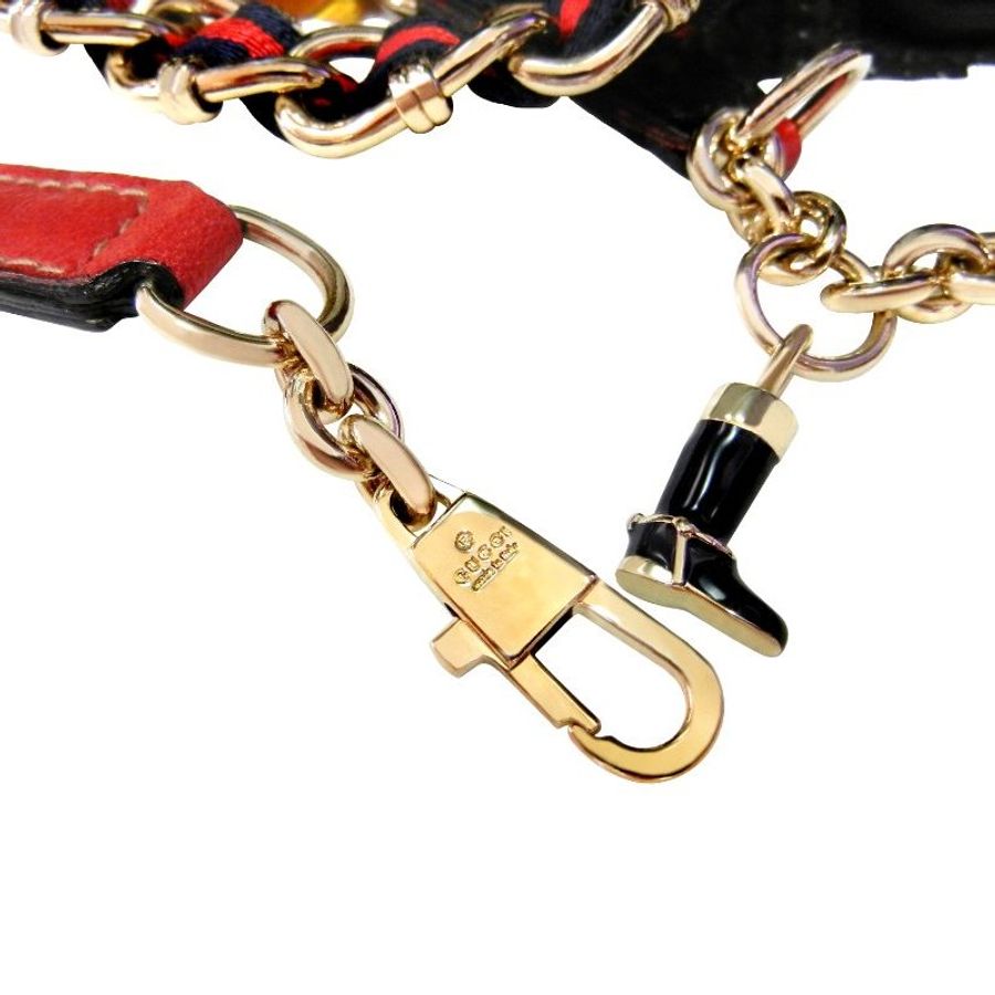 金鐸精品~2365 GUCCI古馳 155119金色金屬鍊帶綠紅綠織布馬靴吊飾腰帶 腰鍊-3