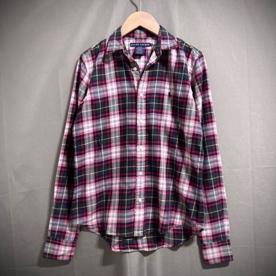 Ralph Lauren slim fit 小馬粉紫格紋襯衫 女 M-0