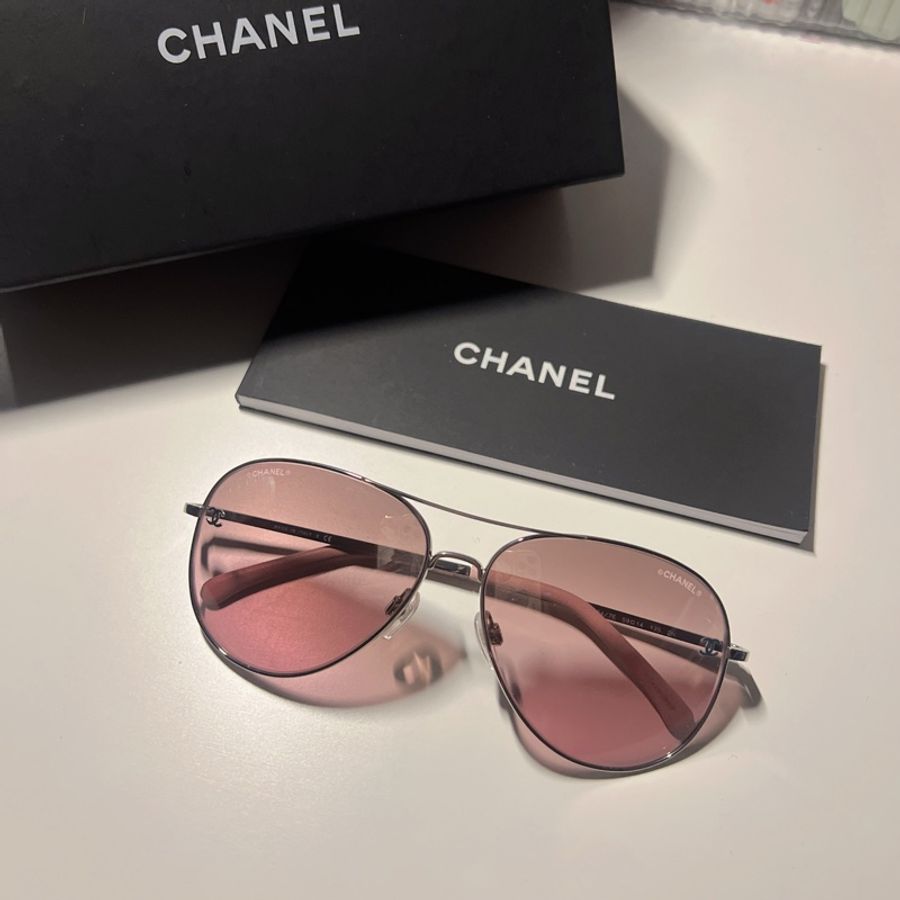 Chanel 粉紅鏡片銀框飛行眼鏡太陽眼鏡-0
