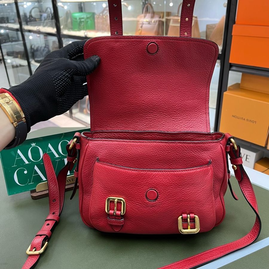 Prada 紅色 純牛皮 荔枝紋 郵差包 斜挎單肩❤️-5