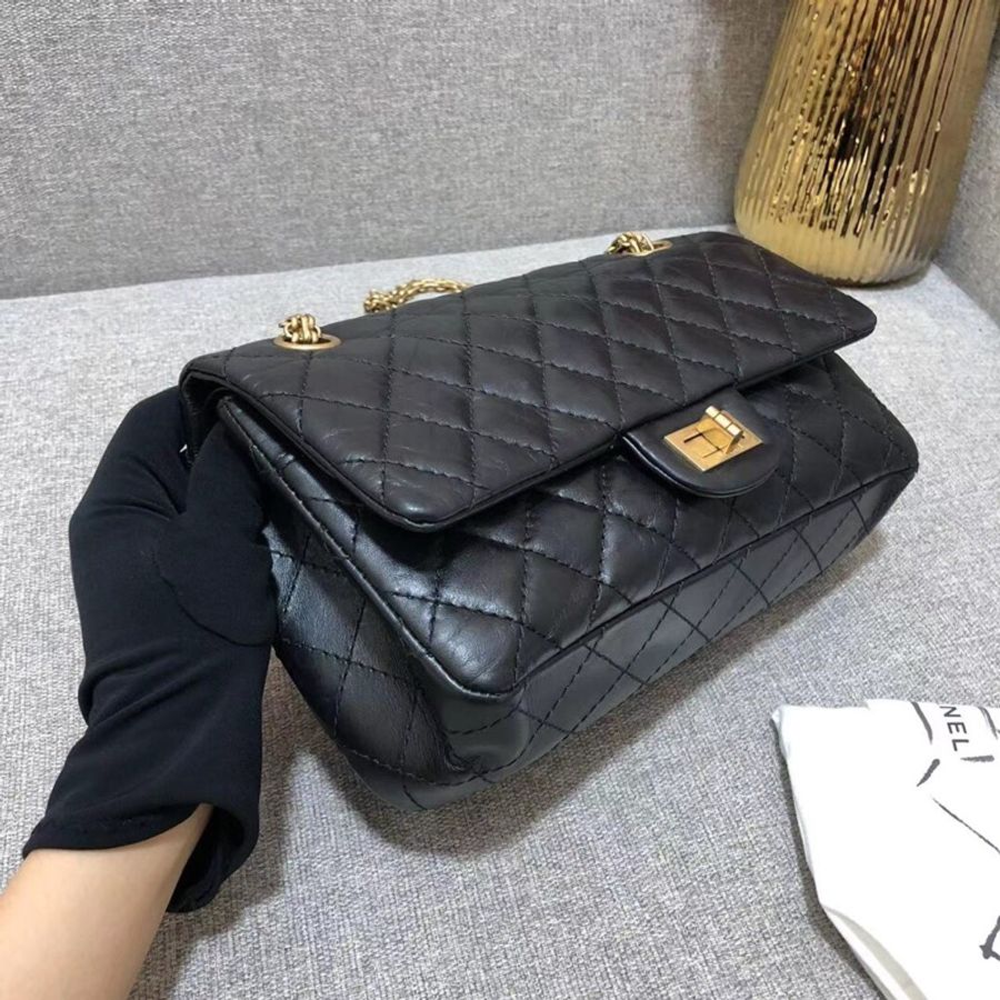 Chanel香奈兒復刻2.55小號黑金雙蓋牛皮鏈條包,長24.5cm 2020年購入-4