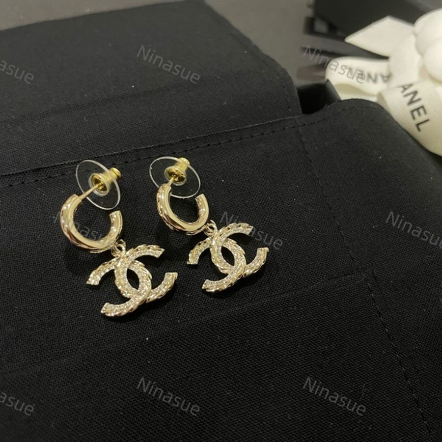 領券現折588🈹️七夕禮物在這裡🎁全新｜台灣購證｜香奈兒Chanel｜絕版23B波紋x鑽編織垂墜耳環耳針 淡金 淺金-0