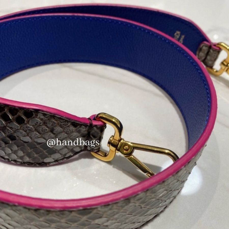 FENDI 蛇紋 雙面 藍粉色 金鎖釦 寬版 背帶-3