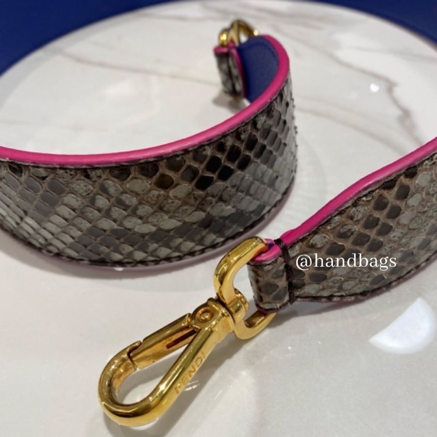 FENDI 蛇紋 雙面 藍粉色 金鎖釦 寬版 背帶-4