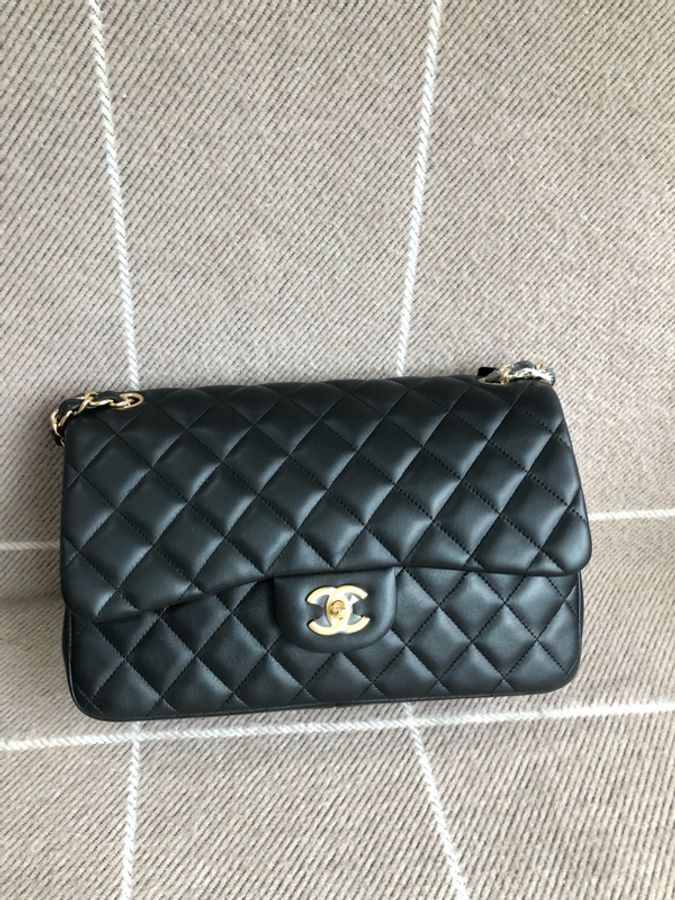 Chanel香奈兒cf jumbo黑金羊皮雙蓋鏈條包，鐳射27開-10