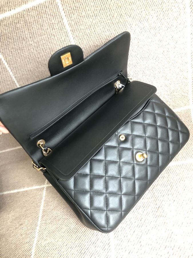 Chanel香奈兒cf jumbo黑金羊皮雙蓋鏈條包，鐳射27開-12