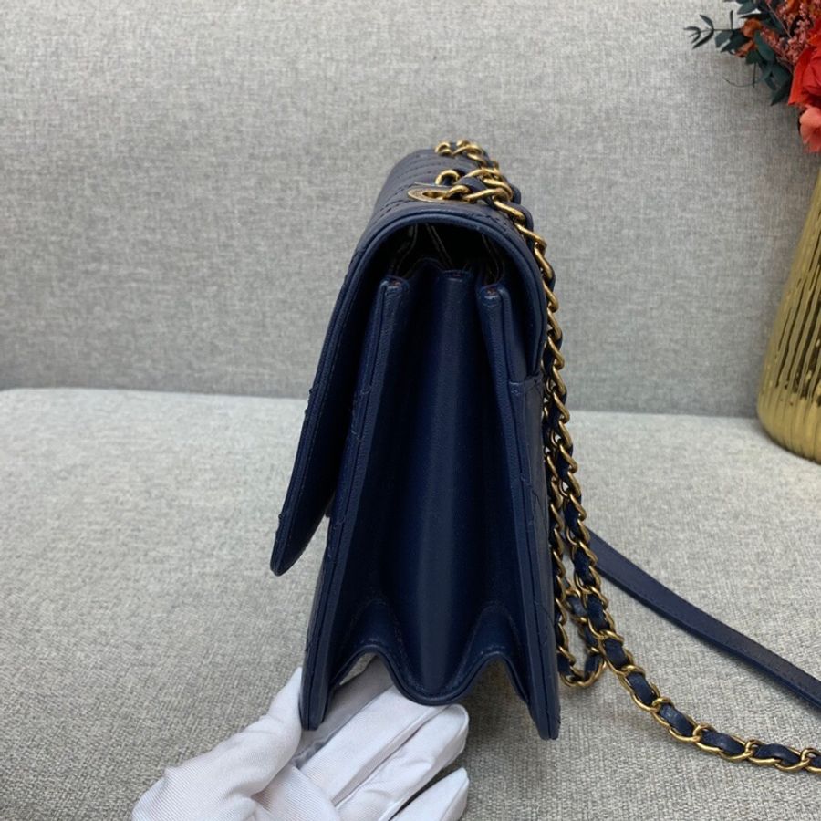 Chanel香奈兒cf口蓋深藍色牛皮鏈條包,鐳射22開-3