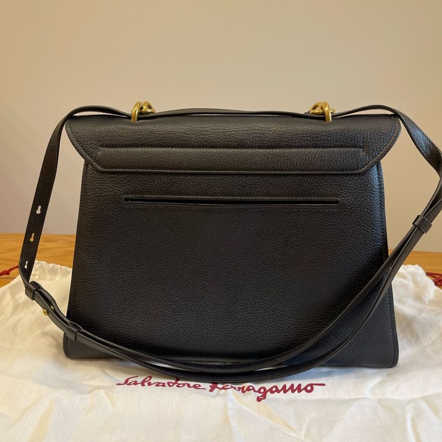 Ferragamo Margot 通勤 手袋 OL 女包 黑金 牛皮 手提 肩背-9