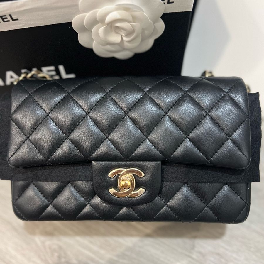 Chanel香奈兒cf20黑色小羊皮淡金扣-6
