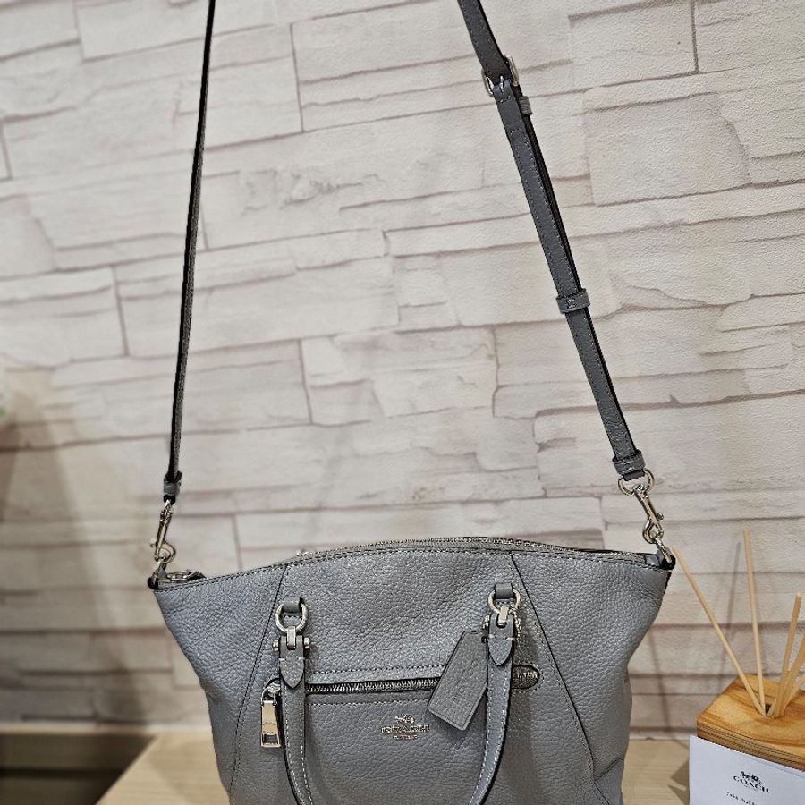COACH 經典馬車LOGO前口袋拉鍊手提/斜背水餃包(莫藍迪灰)-10