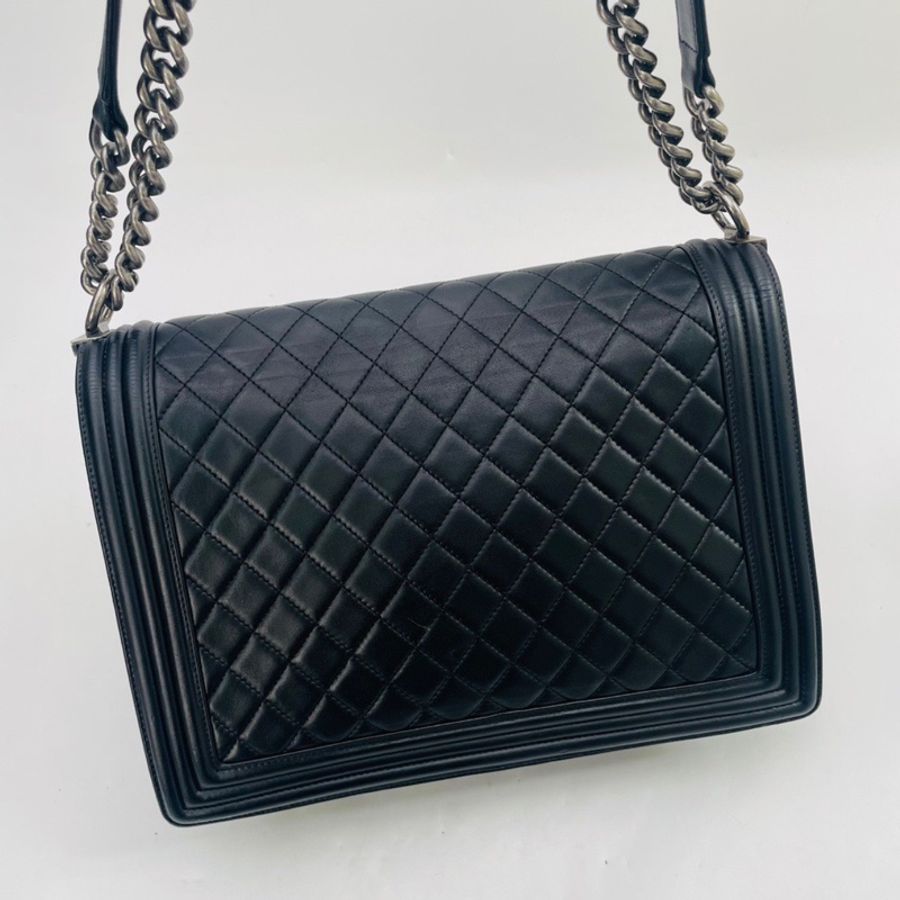 Chanel 黑銀復古扣羊皮Leboy大號單肩包-2