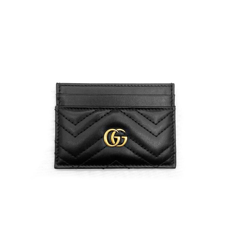 【哈極品】閒置品《GUCCI黑金全皮山型紋GG卡包 》-0
