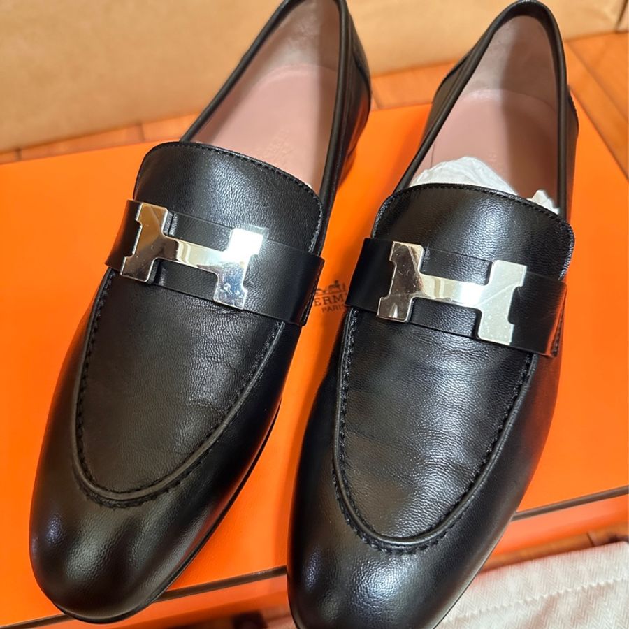 愛馬仕Hermès Paris loafer H扣樂福鞋 黑色銀扣 35.5號-0