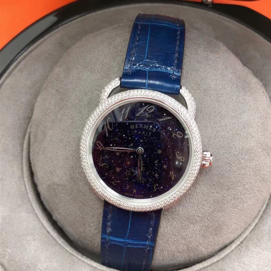 Hermes愛馬仕arceau 白金滿鑽滿天星星空錶自動機械款深邃藍鱷魚錶帶手錶,錶盤35mm,2021年購入-0