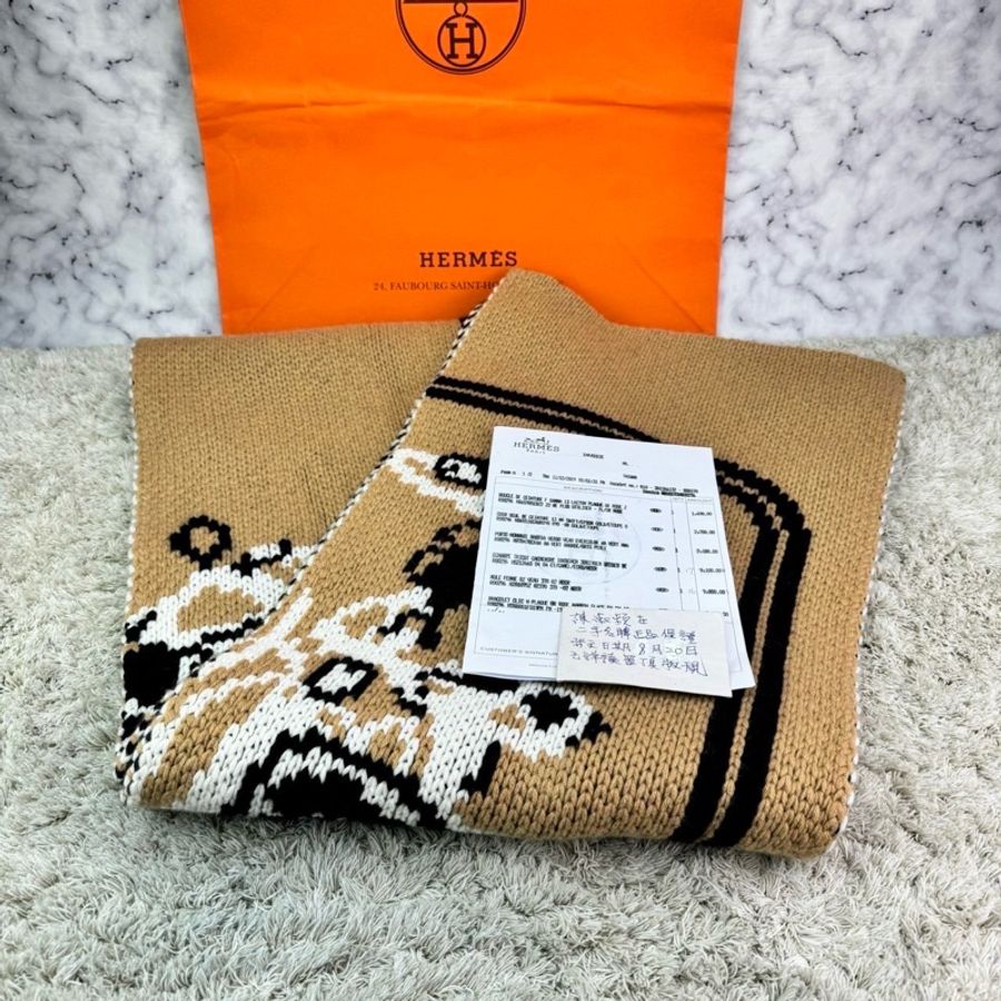 Hermes 愛馬仕華麗的韁轡針織山羊絨圍巾-0